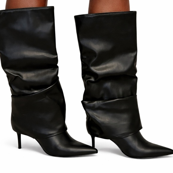 Shoes - New-Chic Black Slouchy Ruched faux Leather Knee-High Boots Size: 9